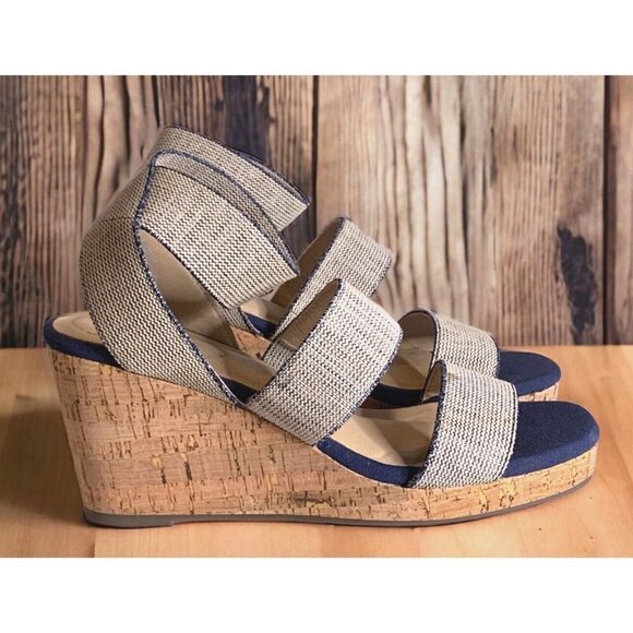 Comfort Est 1946 Womens Ankle Strap Wedge Sandals Size 9 3 1/2" Heel Blue White - Picture 1 of 16